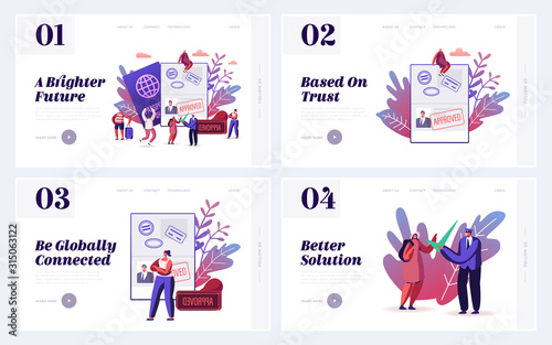 Passport and Visa Documents for Travel Website Landing Page. Traveling Immigration Stamp, People Leaving Country for Trip, Tourism and Passport Control Web Page Banner Cartoon Flat Vector Illustration