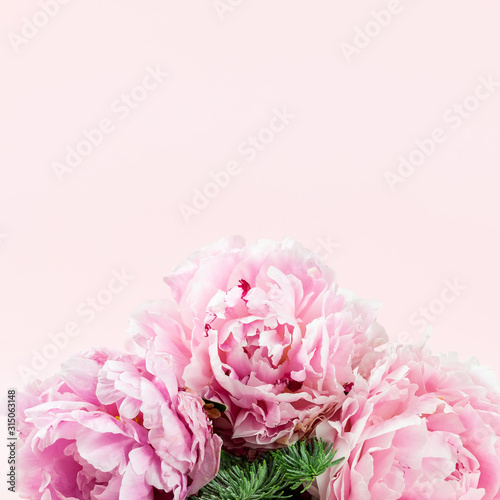 Fototapeta Naklejka Na Ścianę i Meble -  Very beautiful bouquet of flowers from peonies decorated with coniferous branches, winter-spring plants close-up. Holiday concept. Flowers for Mother's Day. Copy space.