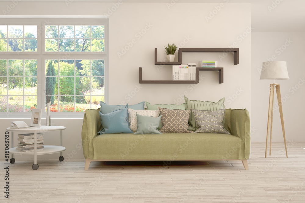 Stylish room in white color with sofa and summer landscape in window. Scandinavian interior design. 3D illustration Stylish room in white color with sofa and summer landscape in window. Scandinavian interior design. 3D illustration