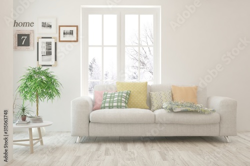 Stylish room in white color with sofa and winter landscape in window. Scandinavian interior design. 3D illustration