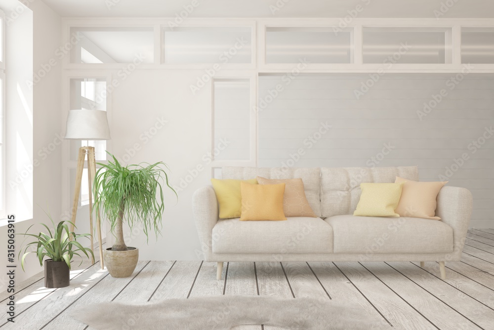 Stylish room in white color with sofa. Scandinavian interior design. 3D illustration