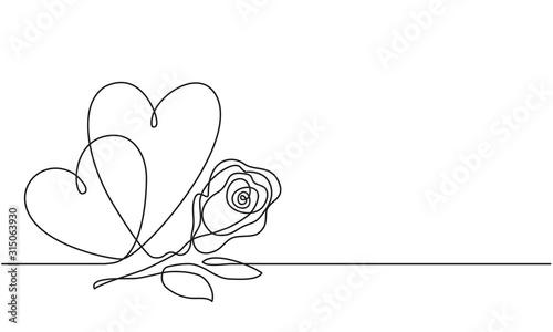 Love, hearts and rose. Loving hearts and flower. Continuous line drawing. Sketch. Vector. Declaration of love