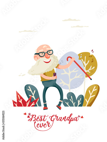 Cute grandfather on vector greeting card with label best grandpa ever