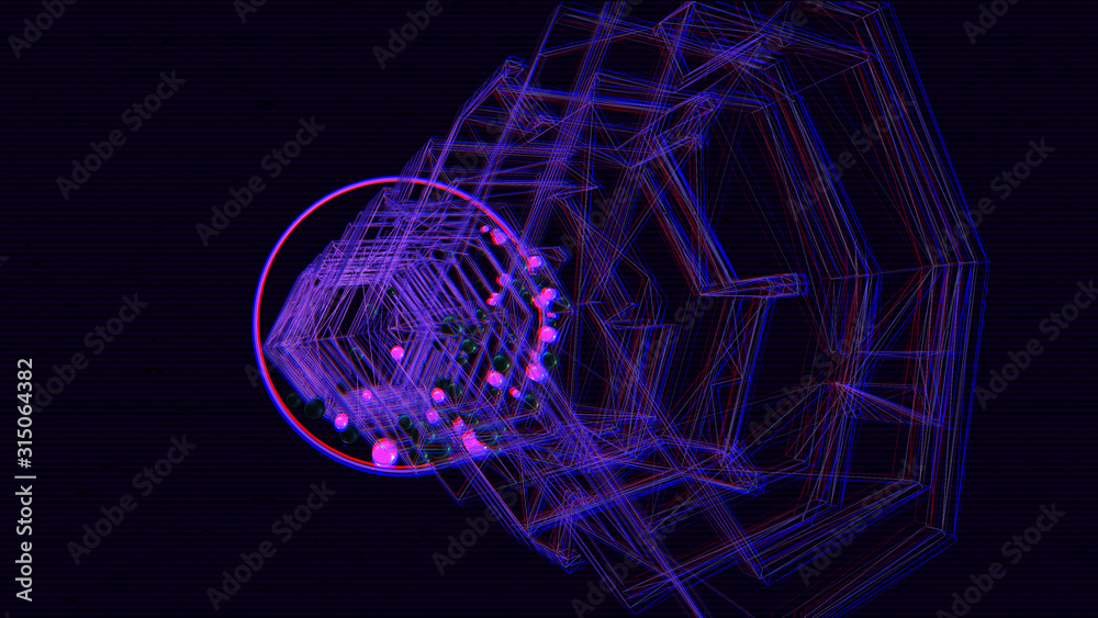 Abstract Art | Wireframe structure with neon spheres on dark violet background. Retrowave, synthwave, vaporwave illustration. ⁞ 3D Illustration with Glitch Effect