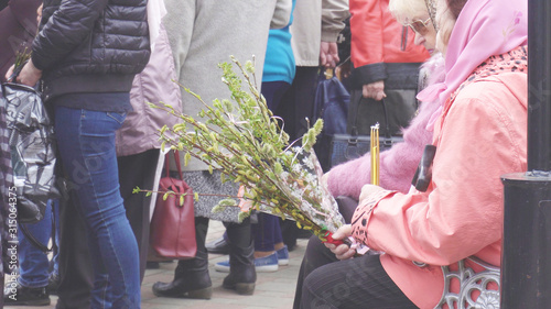 Woman holding pussy willow twigs for Christian church holiday Palm Sunday, copy space photo