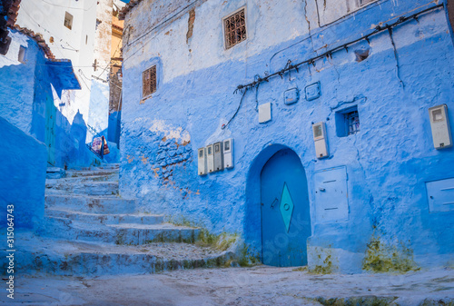 Blue staircase in Chefchaouen Street, Medina, Morocco