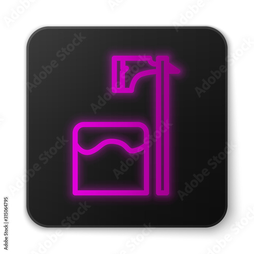 Glowing neon line Executioner axe in tree block icon isolated on white background. Hangman, torturer, executor, tormentor, butcher, headsman. Black square button. Vector Illustration