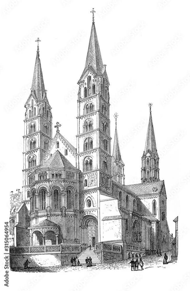 Bamberger Dom St. Peter und St. Geor, church, at Bambert Germany, Antique Ilustration from Brockhaus Konversations-Lexikon 1908