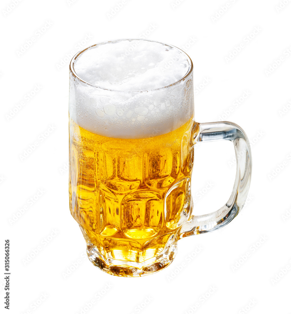 Glass of beer with handle, isolated on white background