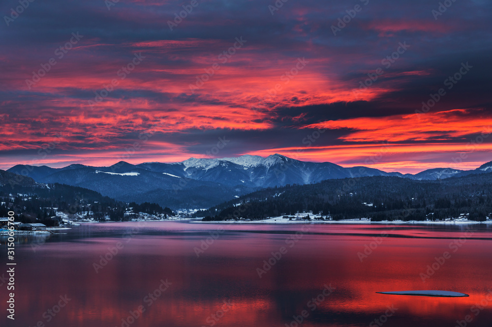 Red sky at Colibita lake, Transylvania. 