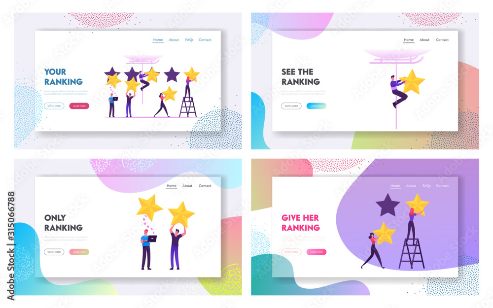 Clients Evaluate Service Using Internet Technology Website Landing Page Set. Customers Vote Put Golden Stars in Mobile App. Feedback and Satisfaction Web Page Banner. Cartoon Flat Vector Illustration