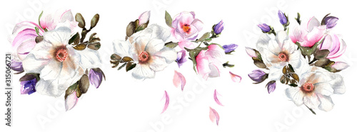 Watercolor floral composition isolated on white with magnolia flowers, buds, petals