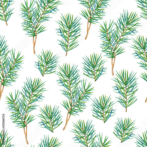 Seamless pattern with watercolor fir branches. Perfect for greetings, invitations, manufacture wrapping paper, textile, wedding New Year and web design. Raster illustration.