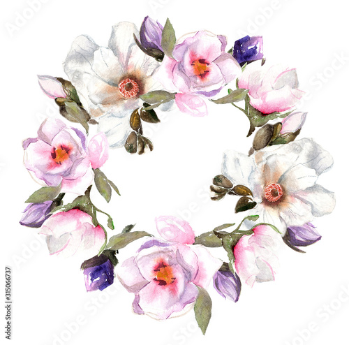 Fototapeta Naklejka Na Ścianę i Meble -  watercolor wreath with magnolia flowers