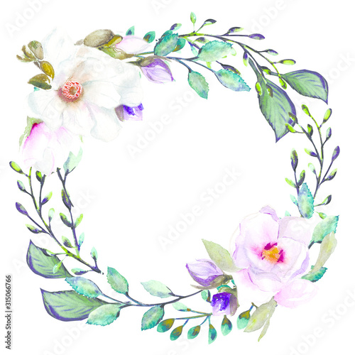 Watercolor wreath with magnolia flowers & green leaves