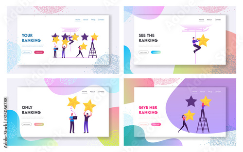 Clients Evaluate Service Using Internet Technology Website Landing Page Set. Customers Vote Put Golden Stars in Mobile App. Feedback and Satisfaction Web Page Banner. Cartoon Flat Vector Illustration