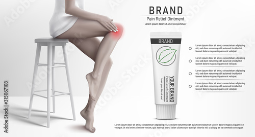 Discoloured Illustration with woman that sitting on the stool, rubbing her knee and suffering from pain in knee with the pain relief ointment tube mockup. Vector illustration.