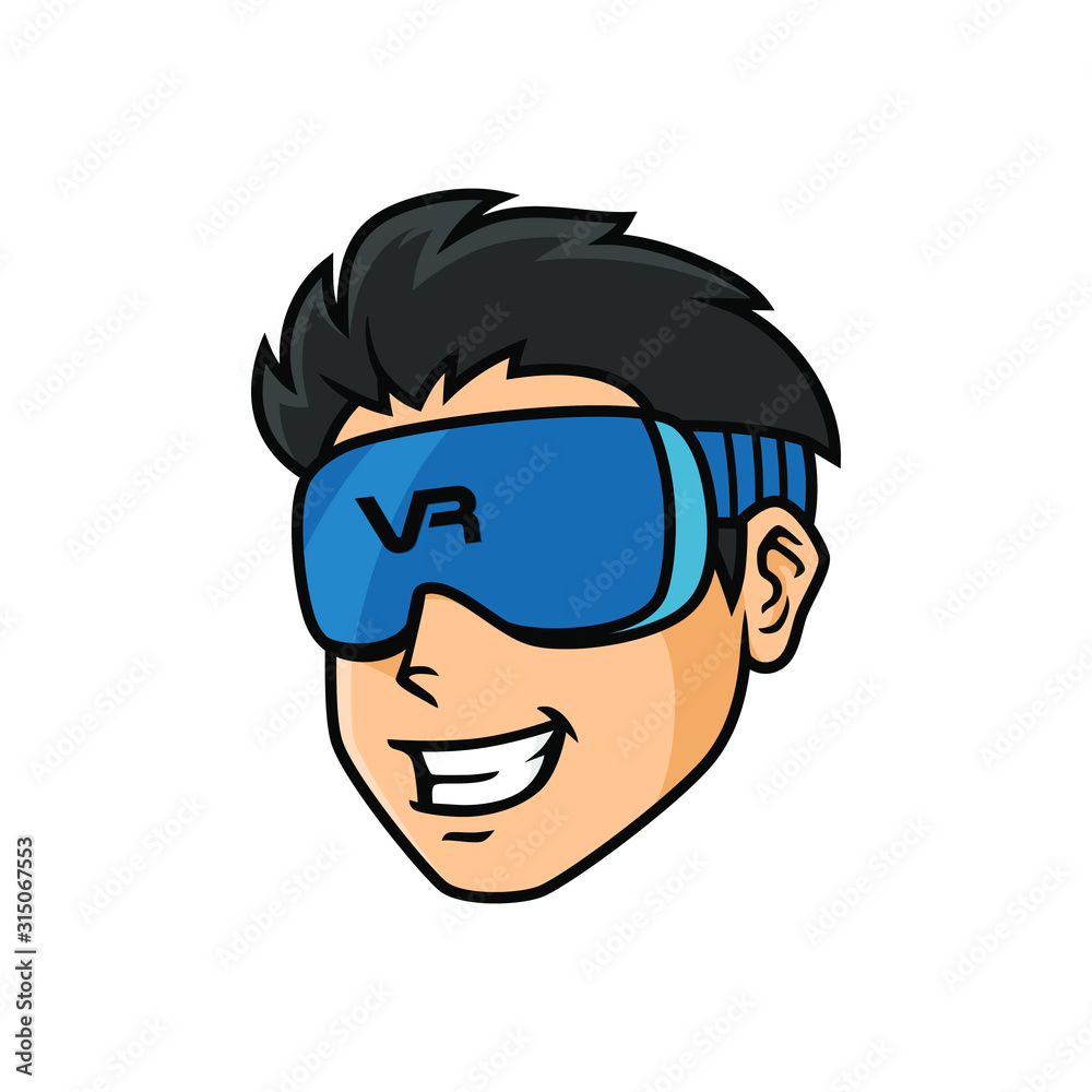 Man in the glasses of virtual reality. Cybersport vector logo, VR emblem. Gamer illustration Man in the glasses of virtual reality. Cybersport vector logo, VR emblem. Gamer illustration