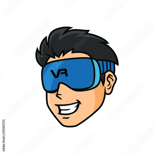 Man in the glasses of virtual reality. Cybersport vector logo, VR emblem. Gamer illustration