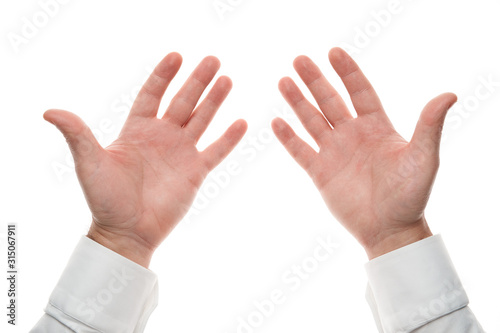 Man hands, palm gesture, isolated on white background. White shirt, business style.