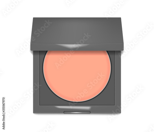Makeup product packaging. Make-up powder, foundation, concealer or blush. Open black cosmetic case top view, realistic vector illustration