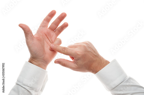 Man hands, counting gesture, isolated on white background. White shirt, business style.
