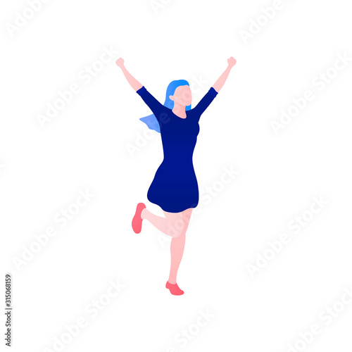 Young happy laughing woman jumping with raised hands.