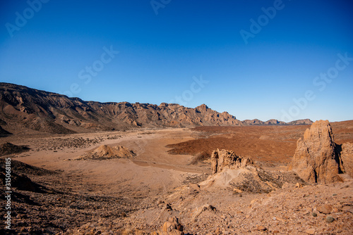 Landscape view from the top of volcano Teide. Volcanic landscape, caldera of Teide volcano, Tenerife, Canary Islands