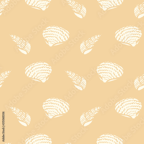 A nseamless vector pattern with white shells silhouettes on a sand colored background. Calm pastel surface print design.
