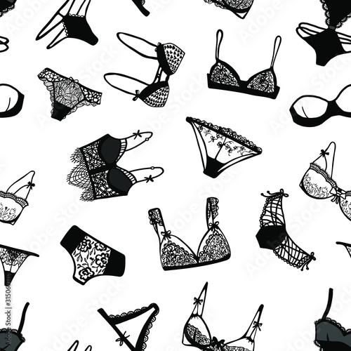Seamless pattern with black lace lingerie. Underwear with straps .High fit cowards. Vector hand drawn illustration. Lace underclothes. Lingerie collection isolated on white background.