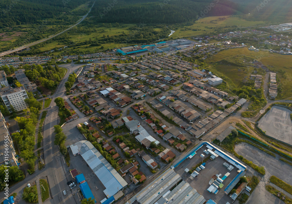 Satka city. Garages. Chellyabinsk region, Russia. Aerial, summer, sunny