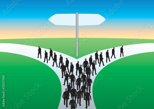 Concept du choix et de rupture avec le symbole d’un chemin qui se sépare et deux groupes qui partent dans des directions opposées.