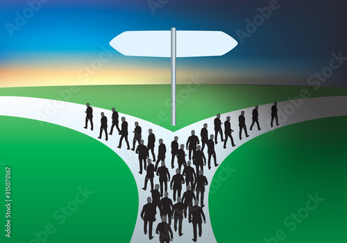 Concept du choix et de la chance montrant un chemin qui se sépare en deux, avec un groupe qui part vers l’obcurité et un autre qui prend la direction de la lumière.