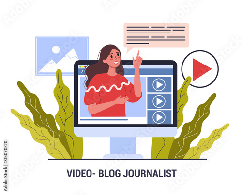 Journalist video blogger. Mass media profession. Woman share content