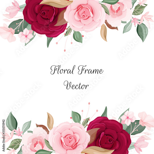 Floral frame of peach and burgundy roses flowers, leaves, branches. Romantic botanic illustration elements for wedding, greeting, and valentine card design vector