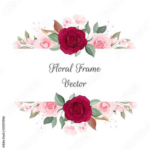 Floral frame of peach and burgundy roses flowers, leaves, branches. Romantic botanic illustration elements for wedding, greeting, and valentine card design vector