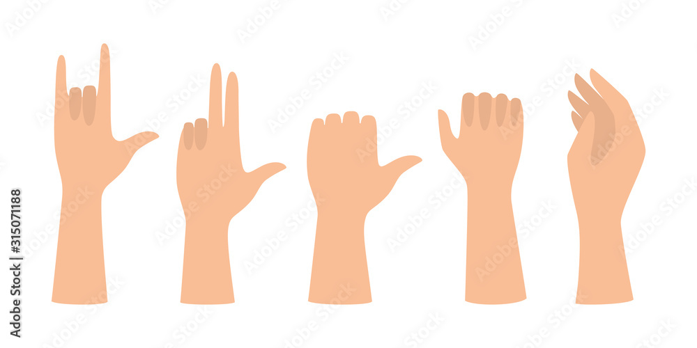 Set of hands showing different gestures. Palm pointing at something Set of hands showing different gestures. Palm pointing at something