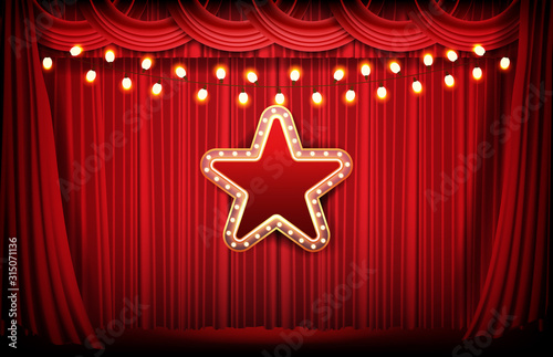 abstract background of red curtain and bright neon star sign, gambling casino concept