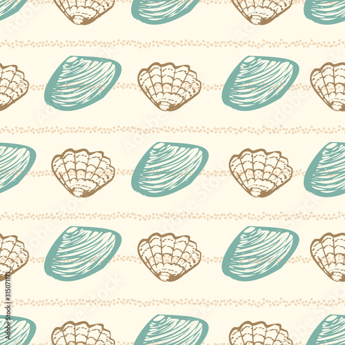 A clams and oysters seamless vector striped pattern in calming light colors. Decorative surface print design.