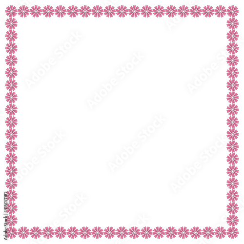Square frame with positive pink flowers. Isolated wreath  on white background for your design