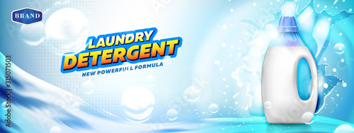 Laundry detergent banner. Blank bottle filled by detergent with water splash and bubbles on bright blue background ready for branding and ads design.