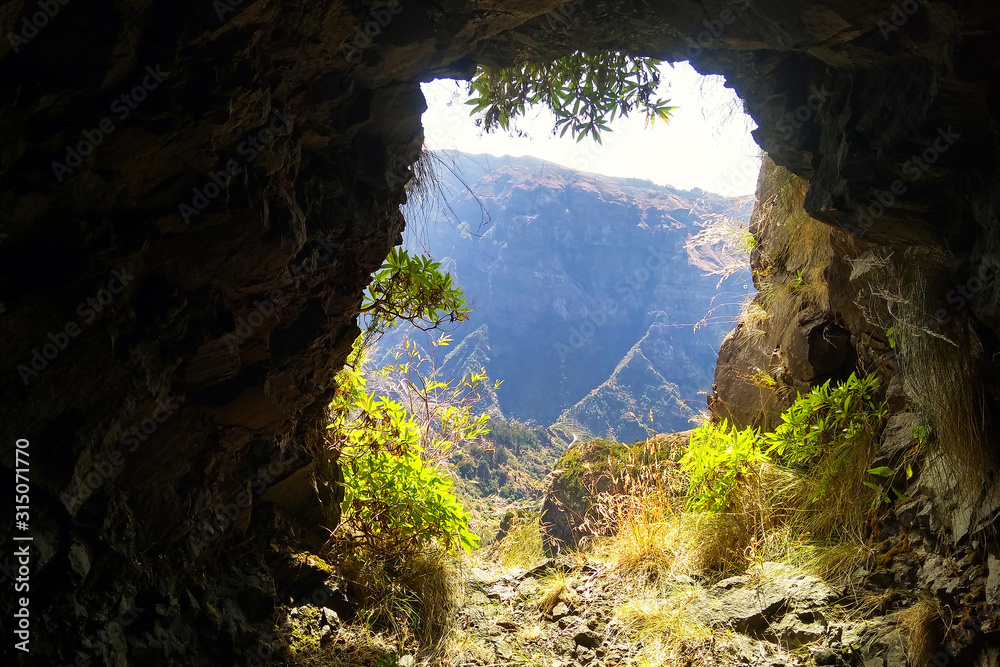panoramic view from a tunnel of a mountain in interior of Madeira Island