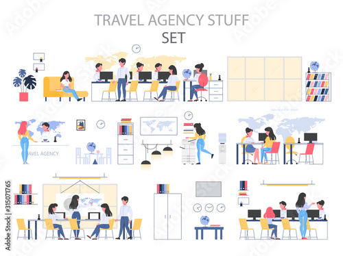 Travel agency building interior stuff set. People sitting at the desk