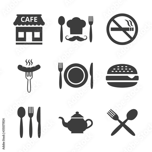 Restaurant and cafe icons set on white background.