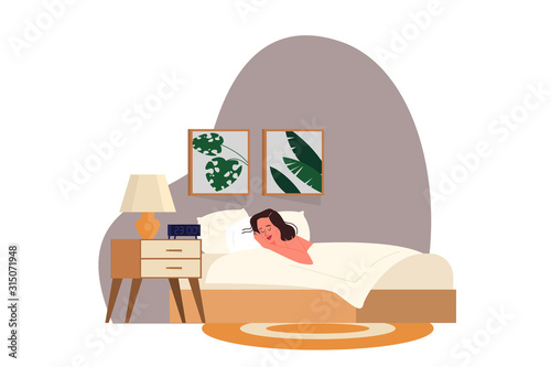 Woman sleep. Person rest in the bed on the pillow late at night.