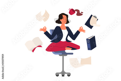Woman in lotus pose. Employee meditate against stress.