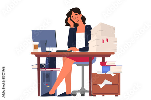 Exhausted businesswoman sitting in the office. Deadline concept.