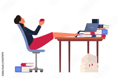 Businesswoman drinking coffee in the office. Deadline concept.