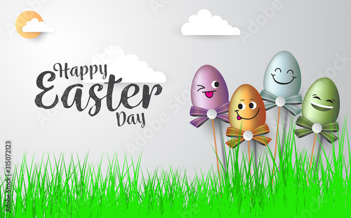 Happy Easter day, background with eggs. Vector illustration greeting card, ad, promotion, poster, flyer, web-banner, article