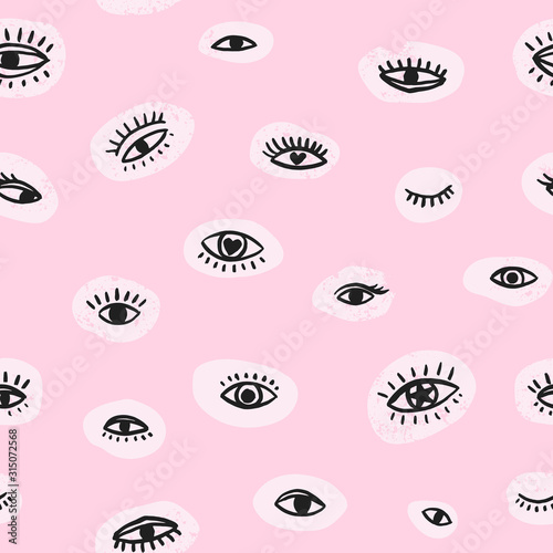 Vector seamless textured pattern. Hand drawn repeat background with eyes.  Cute fabric design.
